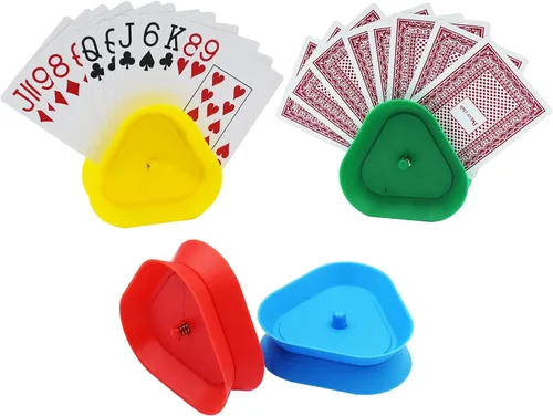 Yuanhe Soporte para juego de cartas, bandeja de póquer manos libres en forma de triángulo, 4 colores, juego de 4