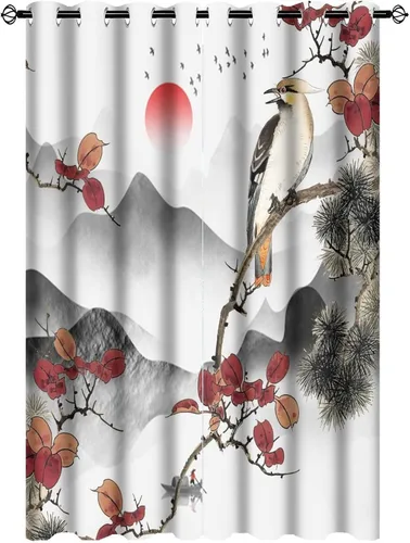Miniatura 30 de Cortinas opacas para oscurecer la habitación con ojales, diseño de flores japonesas con ojales, arte retro de primavera y ramas florales, arte