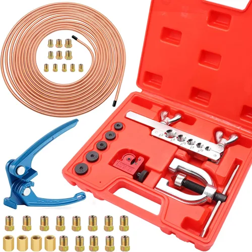 Tnisesm Kit de línea de freno con revestimiento de cobre 3/16 de 25 pies + doblador de tubo azul + línea de freno de aluminio de cobre, kit de