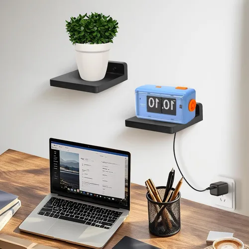 Miniatura 5 de Pequeño estante flotante para pared, juego de 2 estantes de pared de madera de 5 pulgadas, mini altavoces, monitor de bebé, cámaras, soporte de Negro