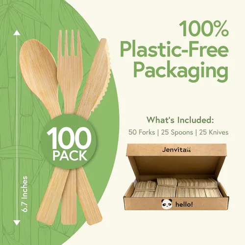 Miniatura 3 de Juego de cubiertos 100% de bambú - Juego de 100 cubiertos compostables