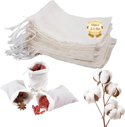 YICHEN 50 bolsas de especias vacías para cocinar sopa, bolsas de filtro de té pequeñas blancas con cordón, material de algodón, bolsas de muselina