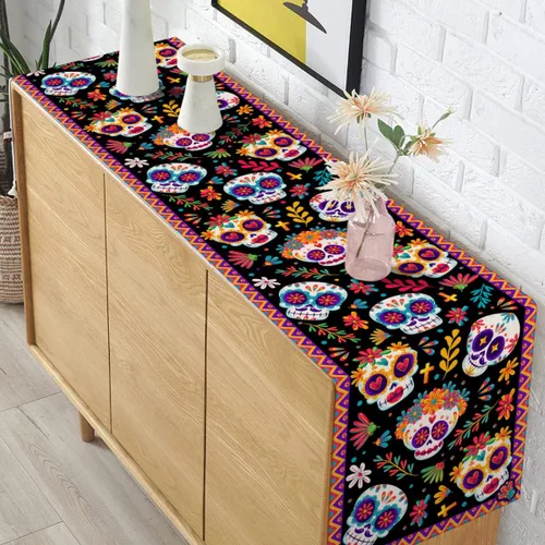 Miniatura 4 de Pudodo Camino de mesa del Día de los Muertos con calavera de azúcar, Día de los Muertos, festival mexicano, vacaciones, cocina, comedor, decoración