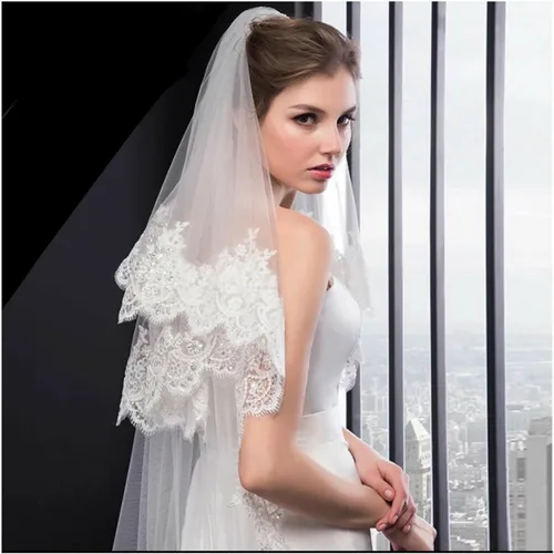 Miniatura 3 de Accesorio de boda para novia velo catedral de marfil 2 niveles borde de encaje de lentejuelas de tul suave con peine color blanco longitud