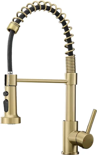 Grifo de cocina dorado cepillado, AIMADI - Grifos de cocina con rociador desplegable, de una sola manija, de un solo orificio, grifo dorado para