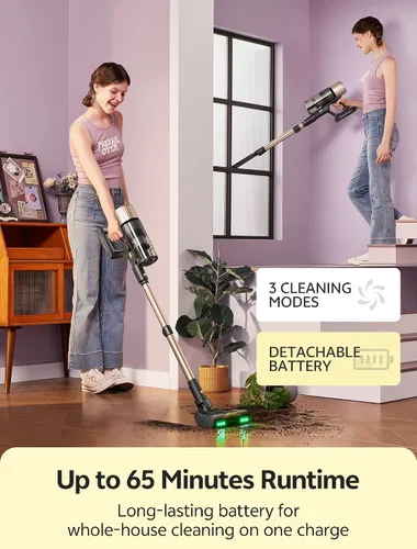 Miniatura 3 de Ultenic Aspiradora inalámbrica, 600 W, 60 KPA, 65 minutos para el hogar, aspiradora inalámbrica con luz verde, autoportante y plano de 180°, cepillo