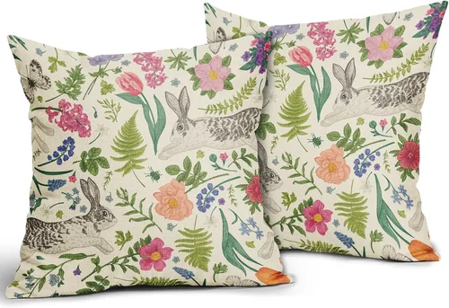 Miniatura 2 de Juego de 2 fundas de almohada de primavera de 16 x 16 pulgadas, diseño de conejo, flores rosas, hojas verdes salvia, plantas botánicas vintage