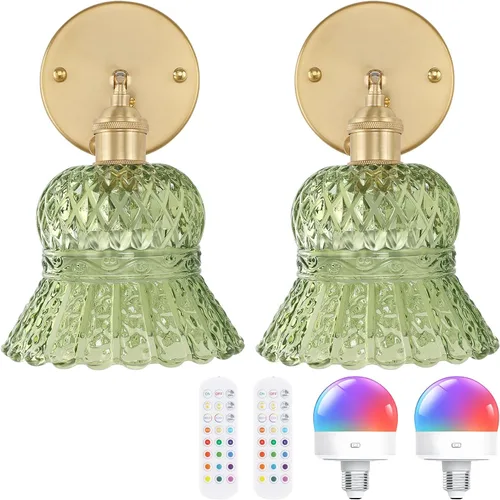 Miniatura 25 de Shenmoyl Juego de 2 apliques de pared vintage con pantalla de vidrio a rayas ámbar, apliques de latón ajustables de 180 grados, con cable de Raya