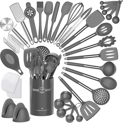 Umite Chef Juego de utensilios de cocina de silicona, 43 espátulas de silicona con mango de acero inoxidable, antiadherente, resistente al calor,