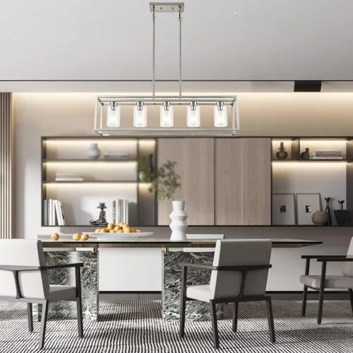 Miniatura 5 de XILICON - Lámpara colgante de comedor estilo granja de níquel cepillado, 5 luces, moderna, lámpara colgante contemporánea con pantalla de cristal