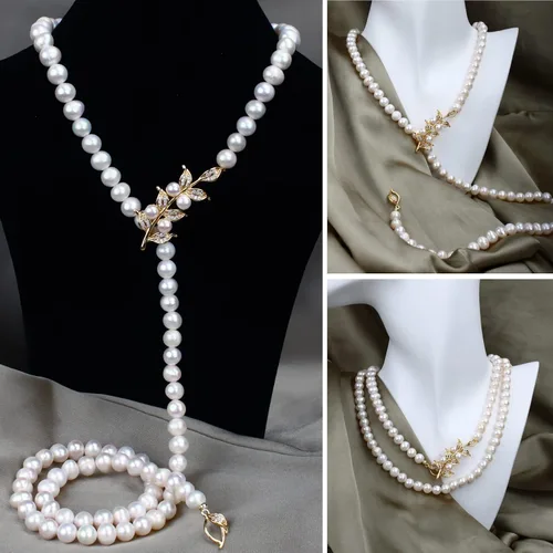 Miniatura 5 de Jirehjill Pearl Necklace for Women, 30 inches Pearl Necklace Made of 7.0-8.0mm AAA+ Freshwater White Pearls, Handmade 18K Gold Plated Inlaid Pearl