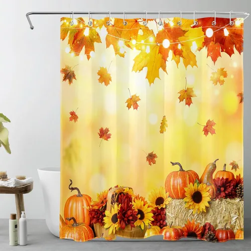 Miniatura 21 de LB Cortina de ducha de flores blancas y moradas para baño, lindo pájaro y hojas de otoño sobre tela beige con ganchos, juego botánico floral