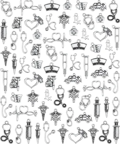 JIALEEY 72 dijes médicos para enfermeras, jeringas mixtas, jeringa, gorro, para enfermera, graduación, bricolaje, para collares, pulseras, joyería y
