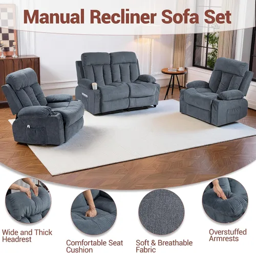 Miniatura 7 de Juego de sofá reclinable manual, 3 piezas con bolsillos laterales, portavasos para cine en casa, oficina (azul, sofá biplaza+silla)