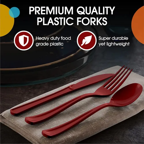 Miniatura 4 de Exquisite Tenedores De Plástico Burdeos 50 Piezas Tenedores Burdeos Utensilios Desechables Juego De Cubiertos De Plástico Resistente Juegos De