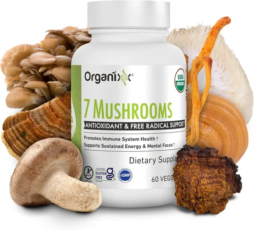 Organixx Suplemento orgánico de hongos USDA, 7 hongos fermentados – melena de león, shiitake, cordyceps, cola de pavo, reishi – para apoyo