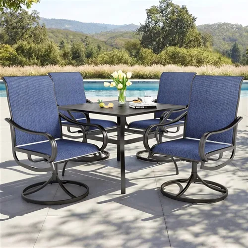 Miniatura 14 de PHI VILLA Juego de comedor de patio de 5 piezas con 4 sillas de comedor giratorias para exteriores y 1 mesa de comedor redonda grande, silla de tela