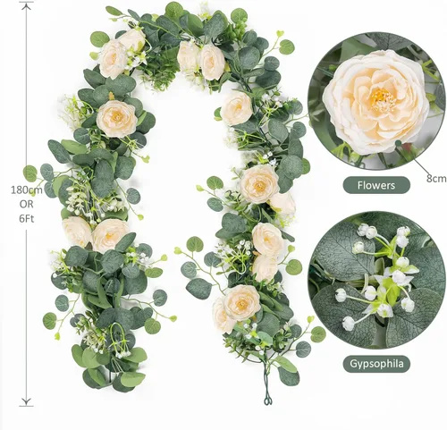 Miniatura 3 de TOCHGREEN Paquete de 2 Guirnaldas de Flores de Eucalipto Artificial de 12 Pies con Rosas Champán, Guirnalda de Flores de Rosa Falsa Verdor