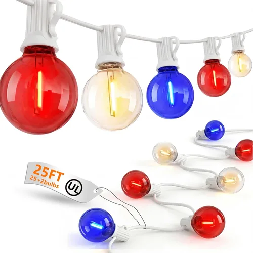 Miniatura 20 de Guirnalda de luces LED para exteriores, G40, de 25 pies, impermeable, con 27 bombillas inastillables, luces colgantes de decoración de Navidad al