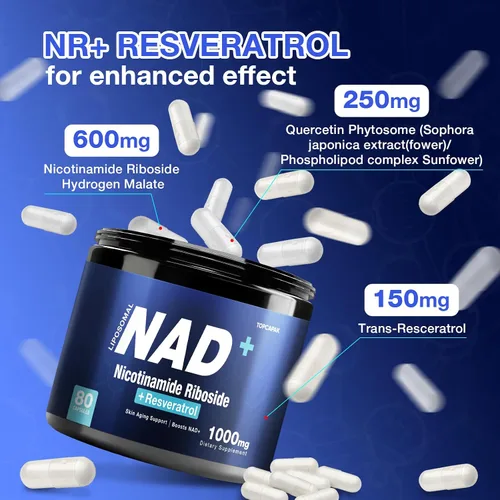 Miniatura 3 de NAD+ Suplemento licotinamida ribosida liposomal resveratrol 1000mg Suplemento orgánico puro para un envejecimiento saludable, cerebro, energía