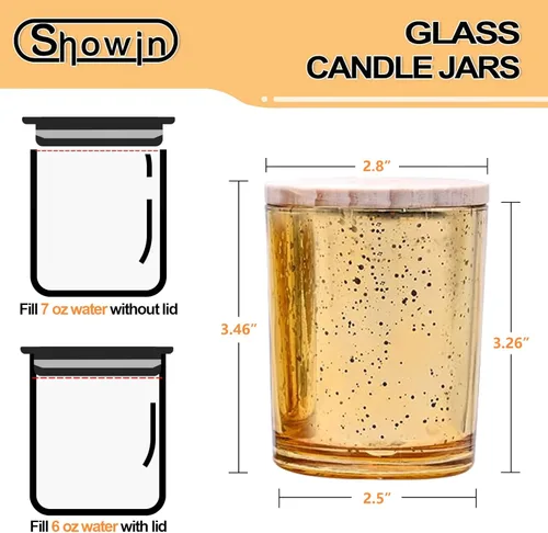 Miniatura 3 de SHOWIN Tarros gruesos para hacer velas, 16 unidades, tarros vacíos de 7 onzas con tapas de madera para hacer velas, contenedor de muestra, color Oro