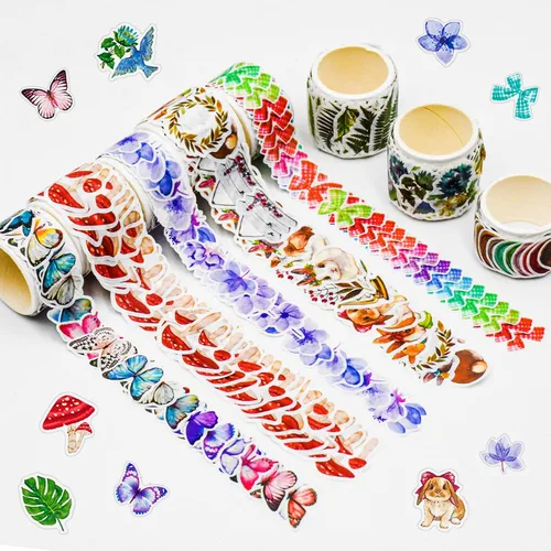 Miniatura 2 de 8 rollos de cinta adhesiva Washi vintage, diseño de pétalos de flores, hojas de helecho, mariposas, hojas de pino, hongos para bricolaje, diario