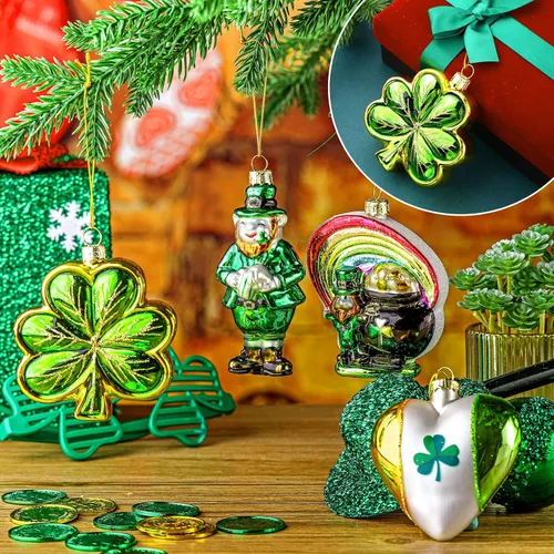 Miniatura 5 de 4 adornos de cristal del día de San Patricio, maceta de duende de trébol irlandés de oro, decoración de árbol de trébol de la suerte para el hogar