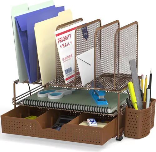 Miniatura 9 de Organizador de escritorio SimpleHouseware de malla con cajón deslizante, doble bandeja y 5 secciones verticales, color negro