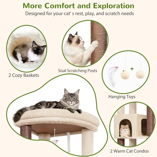 Miniatura 4 de Globlazer Árbol esquinero de 64 pulgadas para gatos grandes de interior, torre para gatos de varios niveles que ahorra espacio con 2 condominios, 2