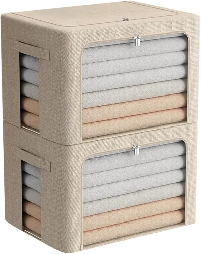 FHSQX Contenedores de almacenamiento de ropa extra grandes plegables con marco de metal, caja de almacenamiento apilable de tela de lino, juego Beige