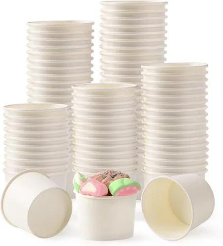 200 unidades, Tazas de papel para helado de 4 onzas, Tazas de yogur congelado, Cuencos de postre, Suministros para postre congelado (Blanco)