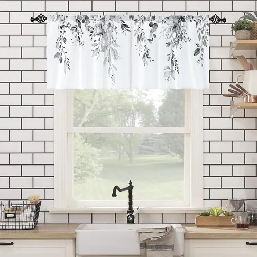 Miniatura 4 de Cortina de eucalipto negro y gris, cenefa para tratamiento de ventana, estilo bohemio, rústico, floral, bolsillo para barra, cortinas de ventana