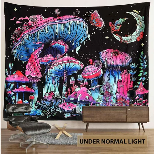 Miniatura 7 de TUGCAY Tapiz de hongos con luz negra, que brilla en la oscuridad, tapiz de plantas con luz negra, fantasía, hongo, mariposa, luna, reactivo a