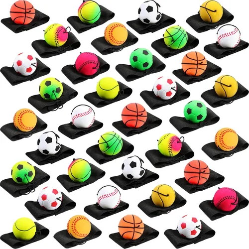 Miniatura 9 de Skylety Bola de Muñeca con Rebote de 1.85 Pulgadas, Bola de Deporte de Goma con Correa y Cuerda, Bolas Reboteadoras de Baloncesto, Béisbol, Fútbol