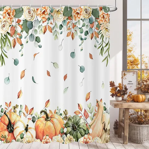 Miniatura 12 de Cortina de ducha de calabaza otoñal, cosecha de otoño, cortina de baño de calabaza azul amarilla de Acción de Gracias, decoración de bañera