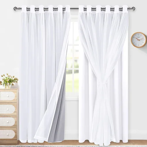 Miniatura 32 de XWZO Cortinas 100% opacas de doble capa para guardería, cortinas opacas con superposición transparente para dormitorio de niñas, cortinas