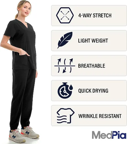 Miniatura 2 de MEDPIA Conjunto médico para mujeres y hombres, uniforme médico de enfermería, pantalones deportivos elásticos en 4 direcciones y 6 bolsillos