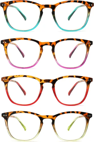 Paquete de 4 gafas de lectura para mujeres y hombres, montura cuadrada con bloqueo de luz azul para computadora con bisagra de resorte, anti fatiga