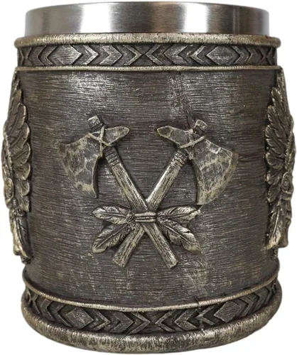 Miniatura 5 de Ebros Gift Nativo americano indio tribal jefe guerrero cráneo con águila cucaracha tocado y doble hacha cruzada taza de café taza de bebida jarra