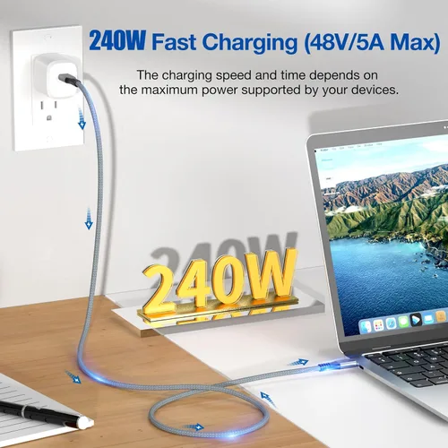 Miniatura 2 de UseBean Cable USB C a USB C de 240 W de 1.6 pies [2 paquetes], USB 3.2 Gen2X2 20Gbps Tipo-C PD carga rápida, cable de video 4K, para iPhone 15 Plus