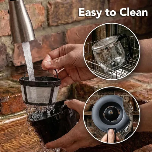 Miniatura 4 de OVENTE Cafetera de goteo de 12 tazas con jarra de vidrio de borosilicato, máquina de operación táctil única, sistema antigoteo, filtro reutilizable