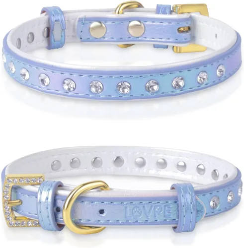 Miniatura 10 de Collar para perro de cuero brillante con diamantes de imitación tachonados, accesorio glamoroso de hebilla dorada para perros pequeños a medianos
