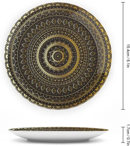 Miniatura 2 de XISUNYA Plato decorativo de 6 pulgadas, porcelana redonda de mandala dorada, plato de exhibición de estampado floral indio oriental para mesa