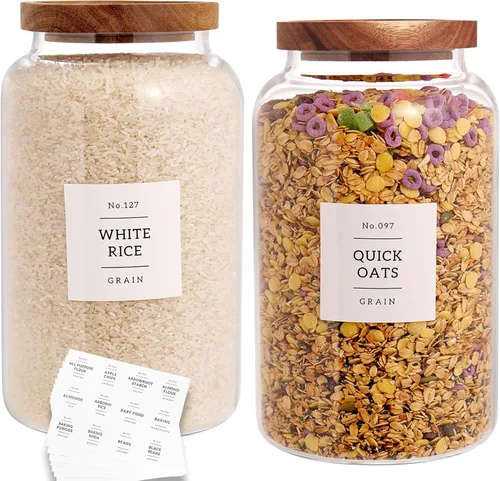 CZHQSMZ Juego de 2 tarros grandes de vidrio con tapa hermética de acacia y 132 etiquetas para cocina y despensa, tarros de vidrio transparente para