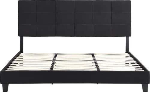 Miniatura 5 de Base de cama tamaño King, moderna cama tapizada con cabecero, base de cama pesada con soporte de listones de madera, fácil montaje, no necesita