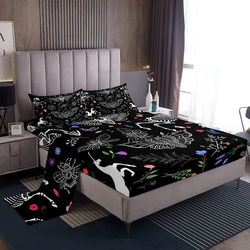 Miniatura 32 de Erosebridal Juego de sábanas de polilla de la muerte, diseño de calavera gótica, tamaño individual, juego de sábanas de flores botánicas con diseño