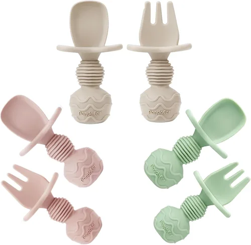 PandaEar Juego de 6 cucharas y tenedor de silicona para bebés, diseño antiahogo, primeros utensilios de autoalimentación para bebés a partir de 3