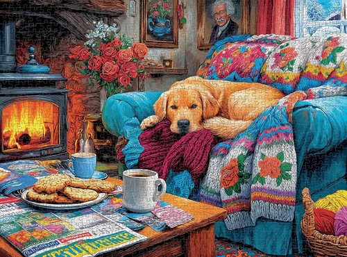 Miniatura 5 de Cross & Glory Un buen perro - Rompecabezas de 1000 piezas para adultos Acogedora escena de chimenea de cabina con Golden Retriever dormido