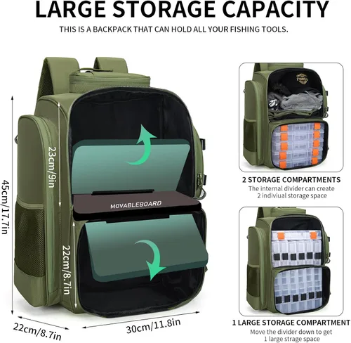 Miniatura 5 de WANOON Mochila de pesca, bolsa de aparejos, con cajas de aparejos. Bolsa de pesca grande, materiales fuertes