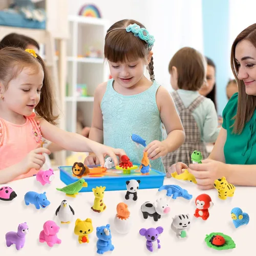 Miniatura 7 de Kaemi 120 borradores de animales para niños, escritorio, mascotas, borradores 3D a granel, desarmables, rompecabezas de lápices, juguetes para Goma